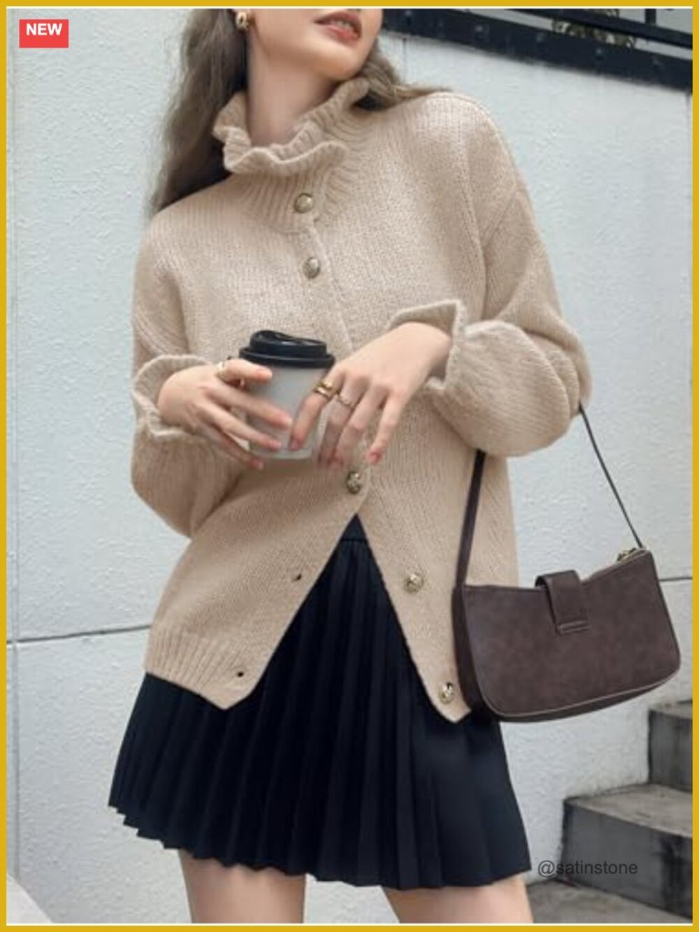 Women's Oversized Ribbed Knit Ruffle Cardigan, Button Front Long Sleeve Sweater - Picture 3 of 6